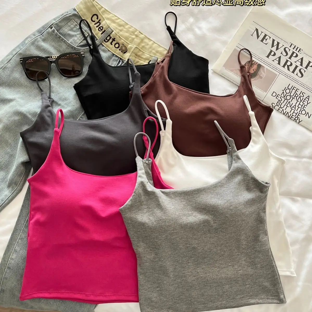 Women's Grey Spaghetti Strap Vest with Breast Pads - Image 9