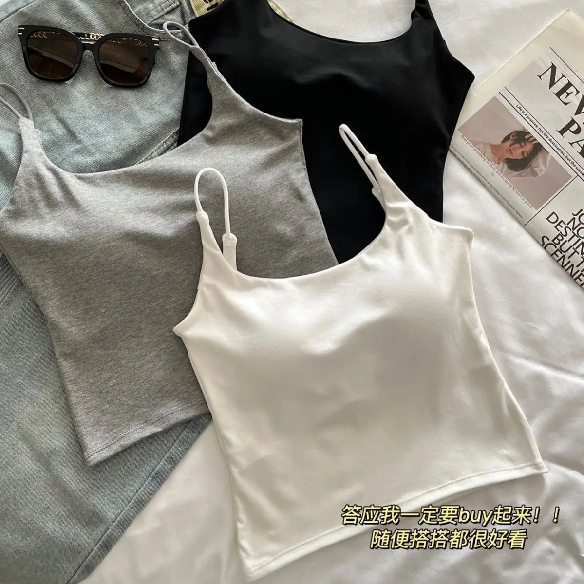 Women's Grey Spaghetti Strap Vest with Breast Pads - Image 10