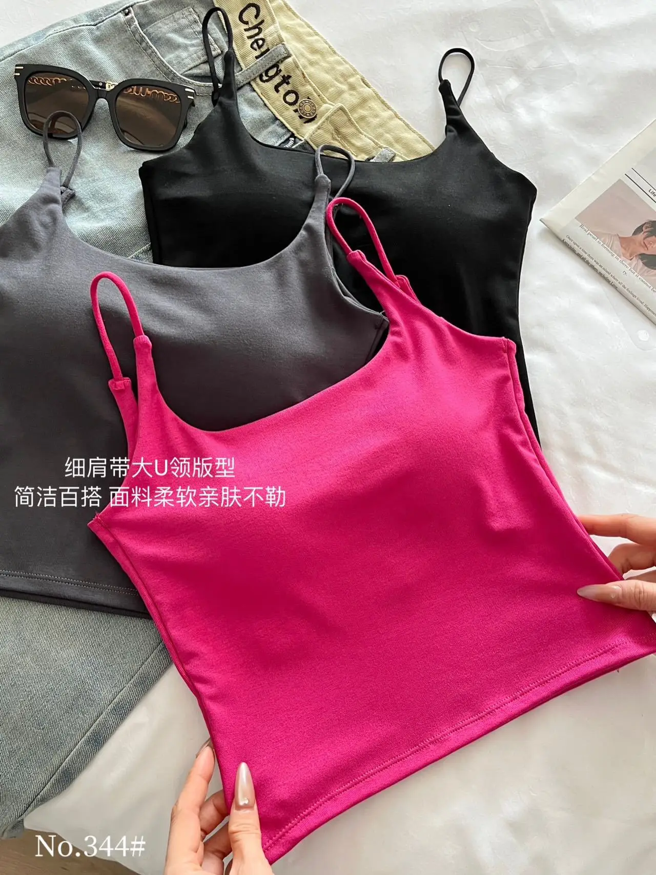 Women's Grey Spaghetti Strap Vest with Breast Pads — feature 14