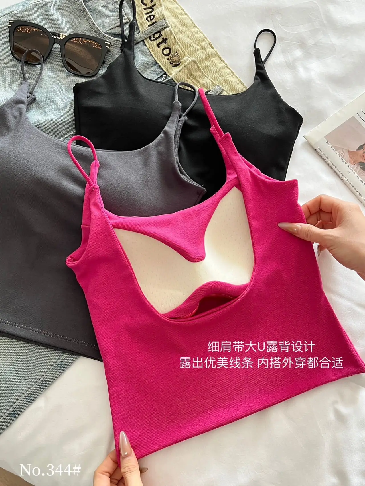 Women's Grey Spaghetti Strap Vest with Breast Pads — feature 15
