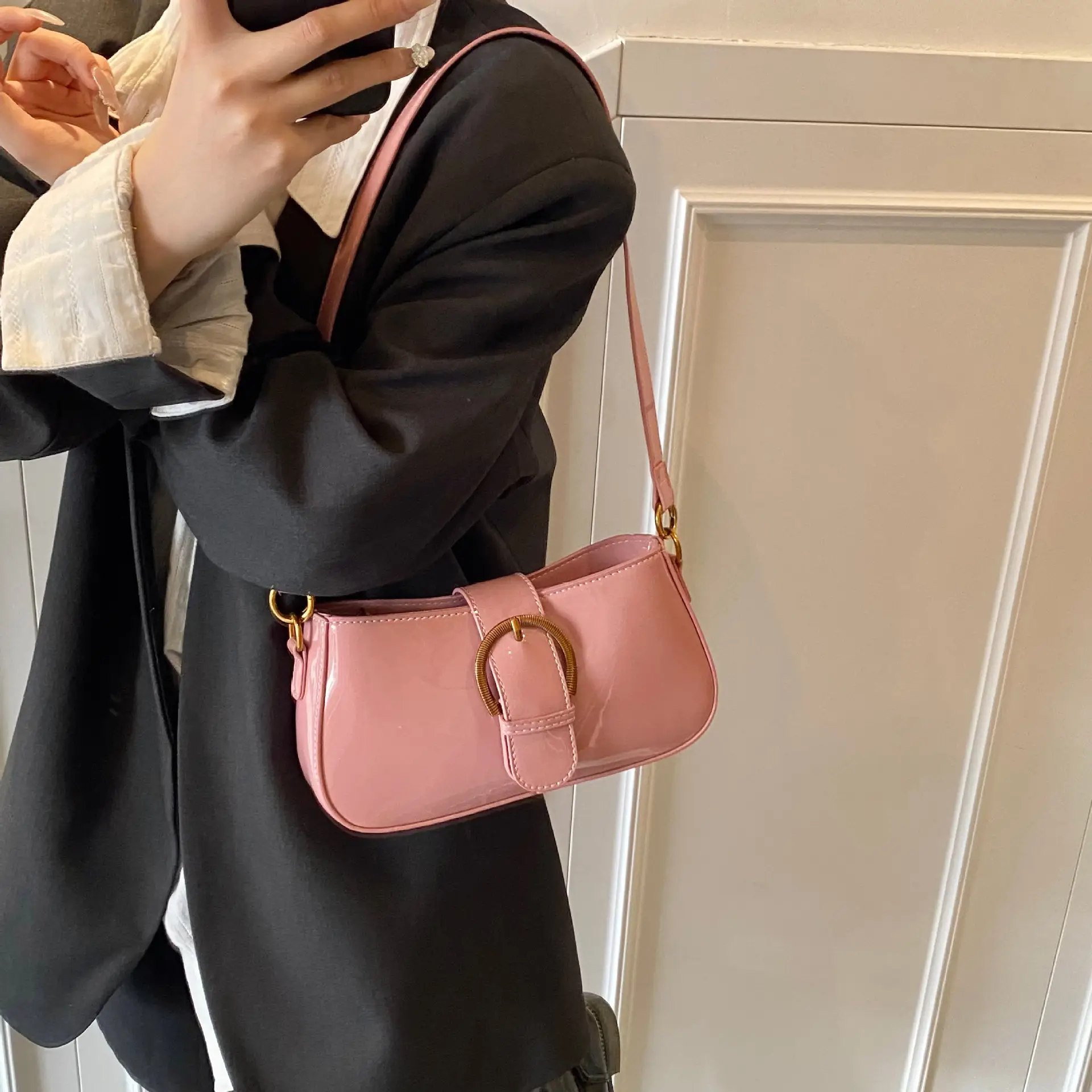 Red Textured Shoulder Bag for Women 2025 Spring