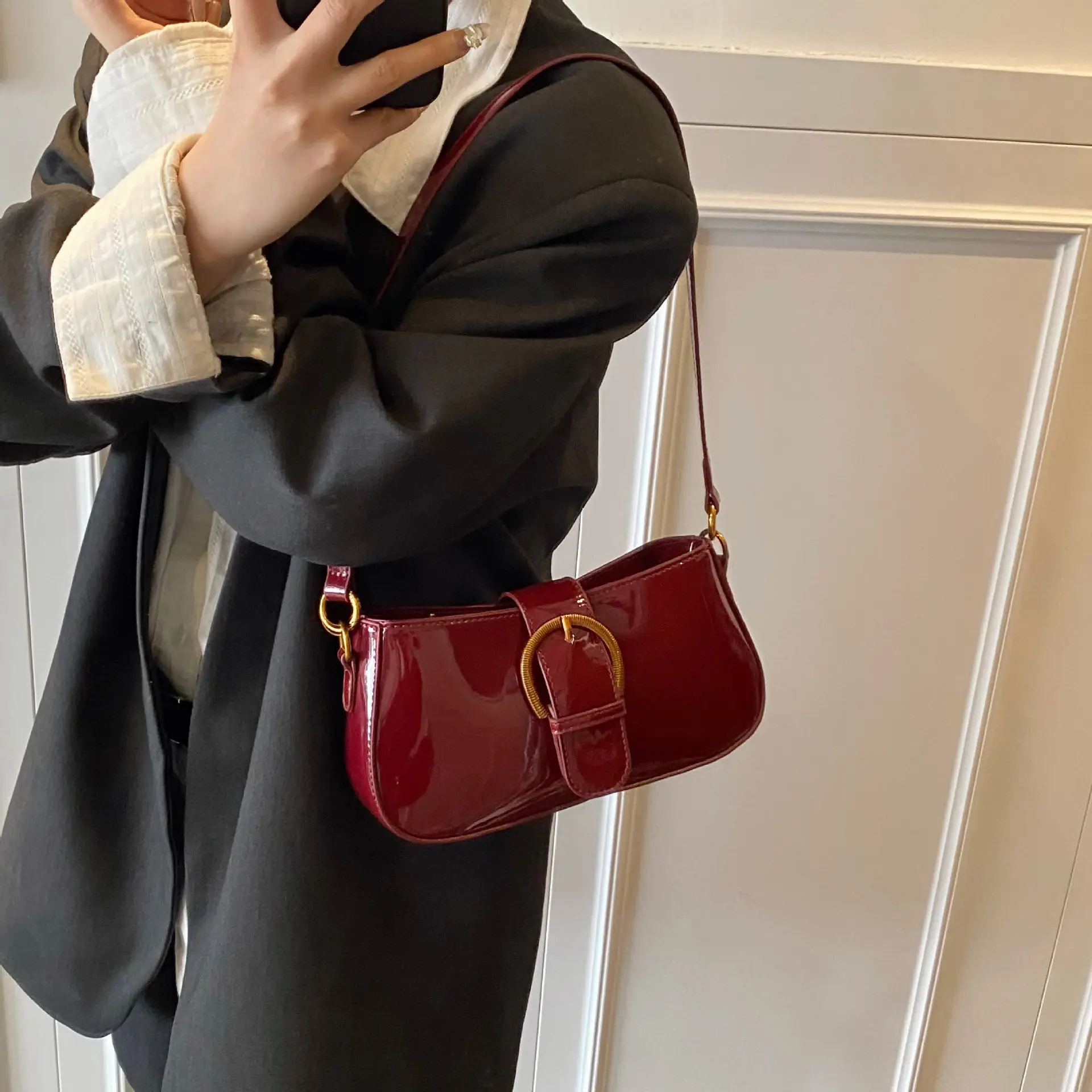 Red Textured Shoulder Bag for Women 2025 Spring