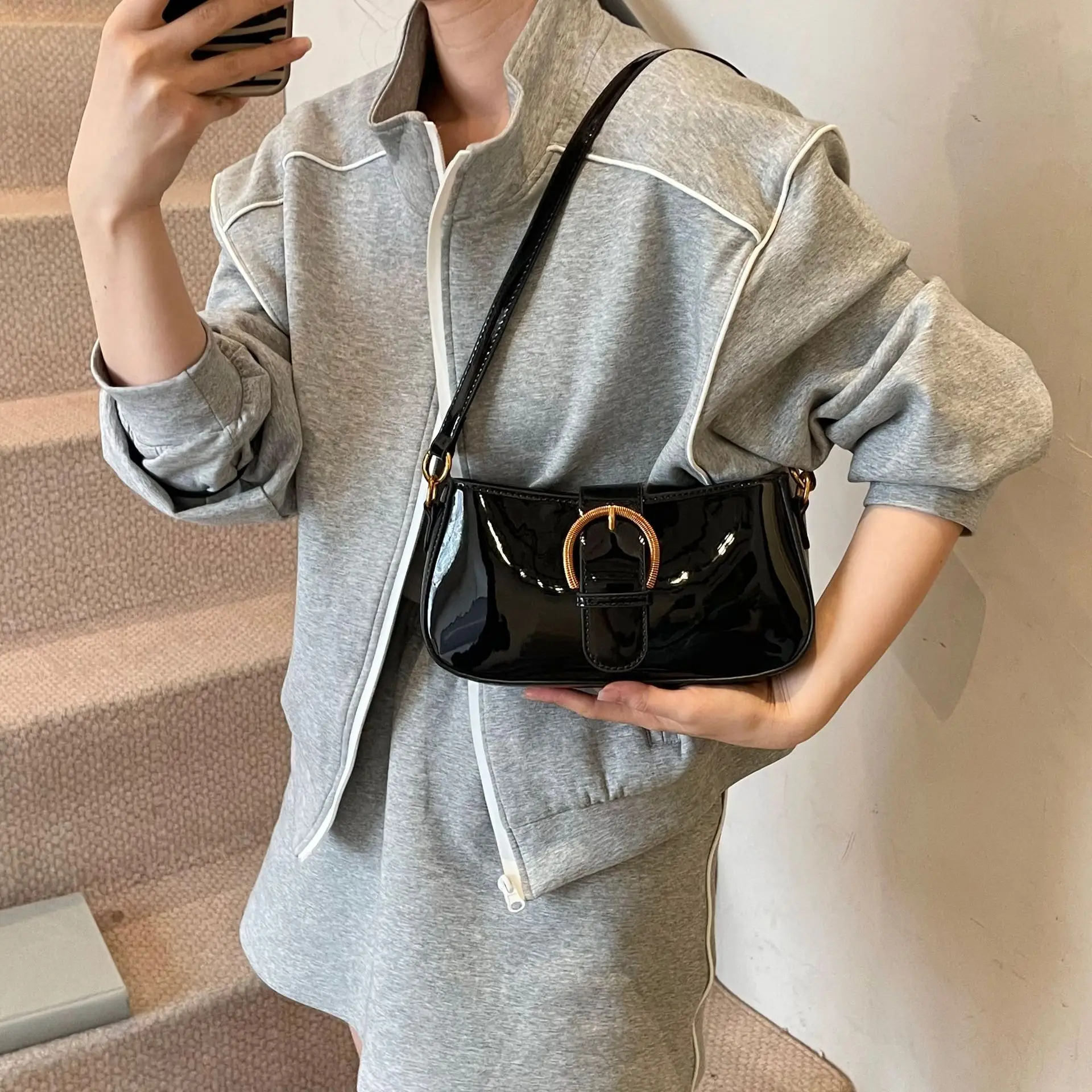 Red Textured Shoulder Bag for Women 2025 Spring