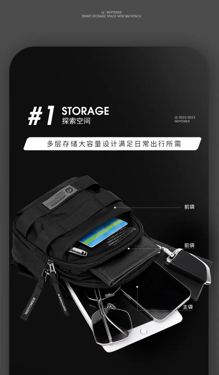 Men's Black Anti-Splash Shoulder Bag with 3 Compartments — feature 7