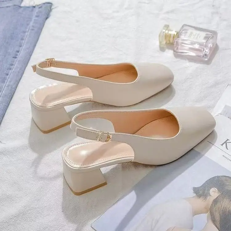 Baotou Empty Sandals Women's Summer Mid-Heel Outer Wear 2025 New Korean Style Thick Heel Half Shoes Women's High Heels