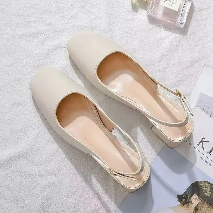 Baotou Empty Sandals Women's Summer Mid-Heel Outer Wear 2025 New Korean Style Thick Heel Half Shoes Women's High Heels