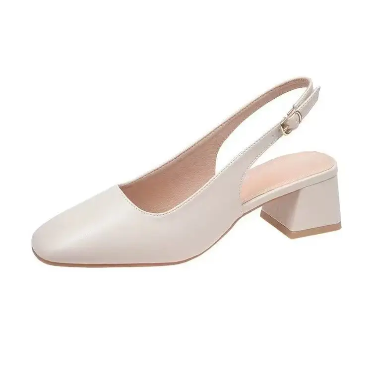 Baotou Empty Sandals Women's Summer Mid-Heel Outer Wear 2025 New Korean Style Thick Heel Half Shoes Women's High Heels