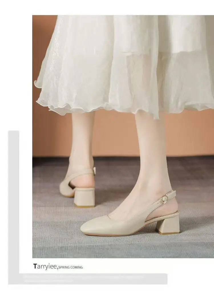 Baotou Empty Sandals Women's Summer Mid-Heel Outer Wear 2025 New Korean Style Thick Heel Half Shoes Women's High Heels — feature 1