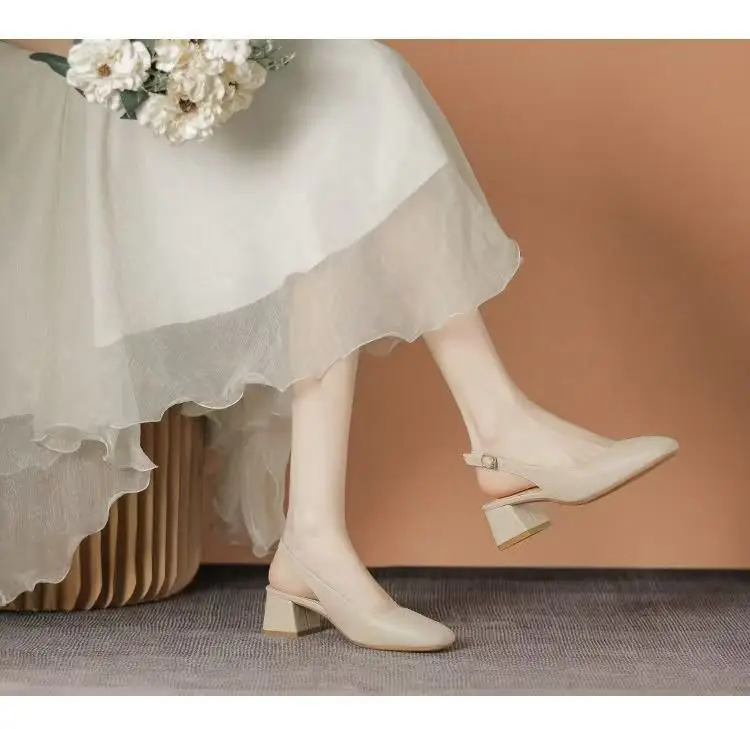 Baotou Empty Sandals Women's Summer Mid-Heel Outer Wear 2025 New Korean Style Thick Heel Half Shoes Women's High Heels — feature 2