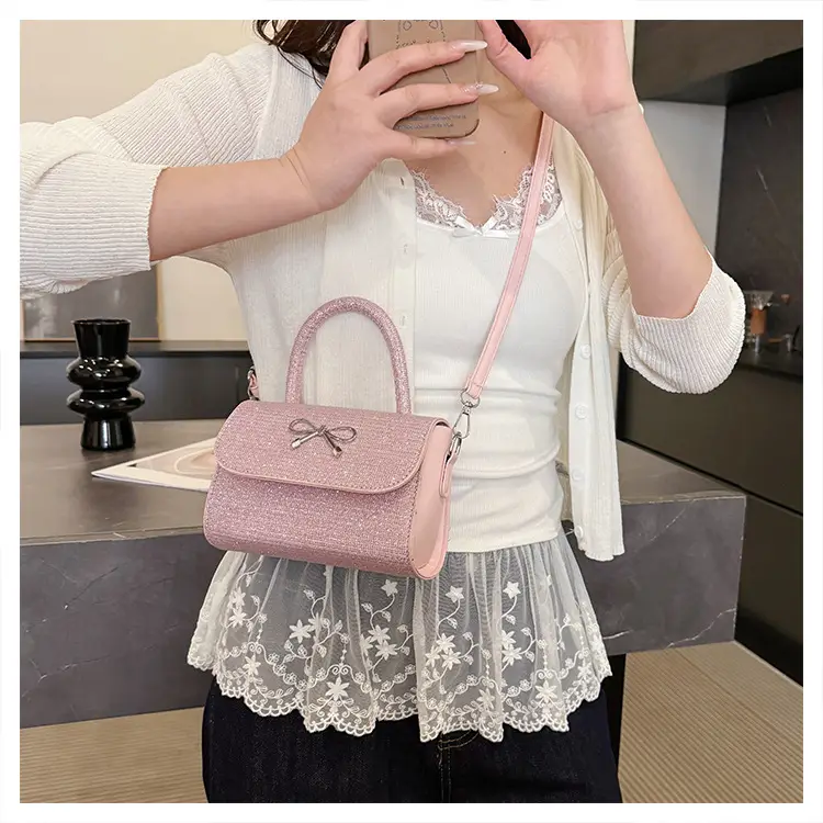 Pink Bow Shoulder Bag for Women Elegant Small Square Bag — feature 18