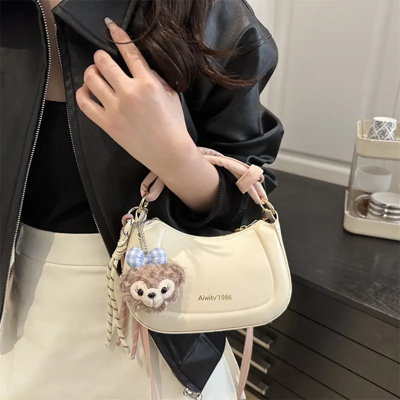 Women's Cream Shoulder Crossbody Bag with Cute Bear Design - Image 3