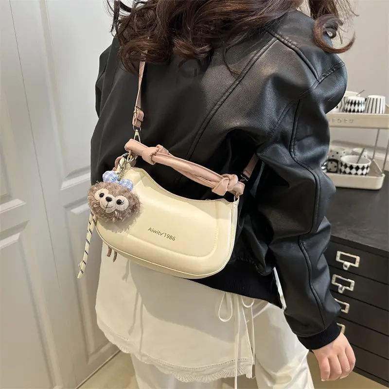 Women's Cream Shoulder Crossbody Bag with Cute Bear Design - Image 4