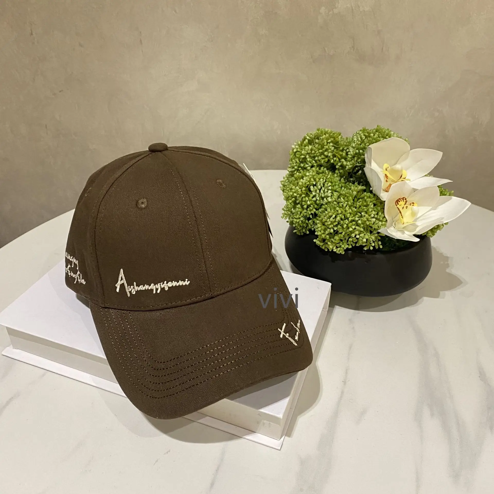 Korean Style Brown Cap with Letter Embroidery - Image 4