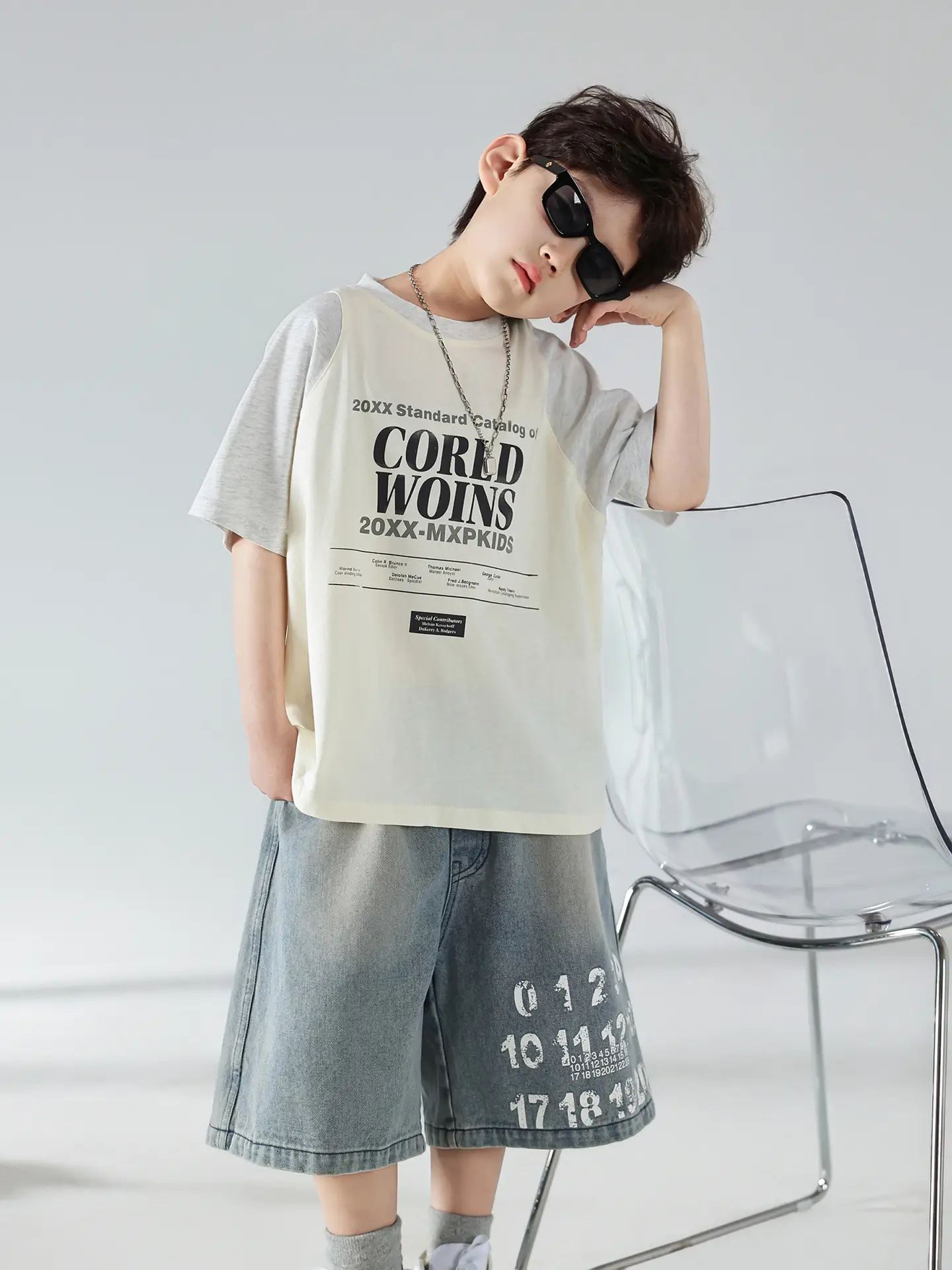 Boys Summer Printed T-Shirt Shorts Set White Denim - Image 6