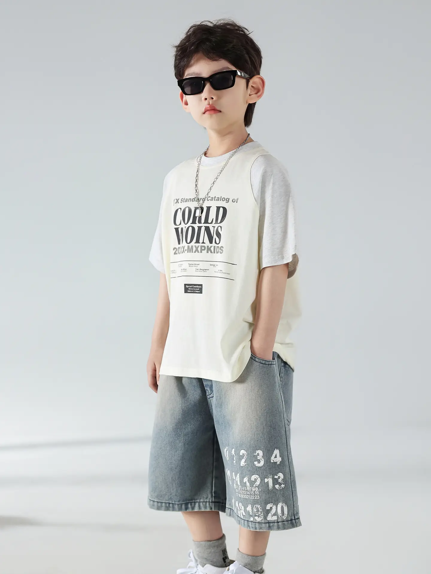 Boys Summer Printed T-Shirt Shorts Set White Denim - Image 7