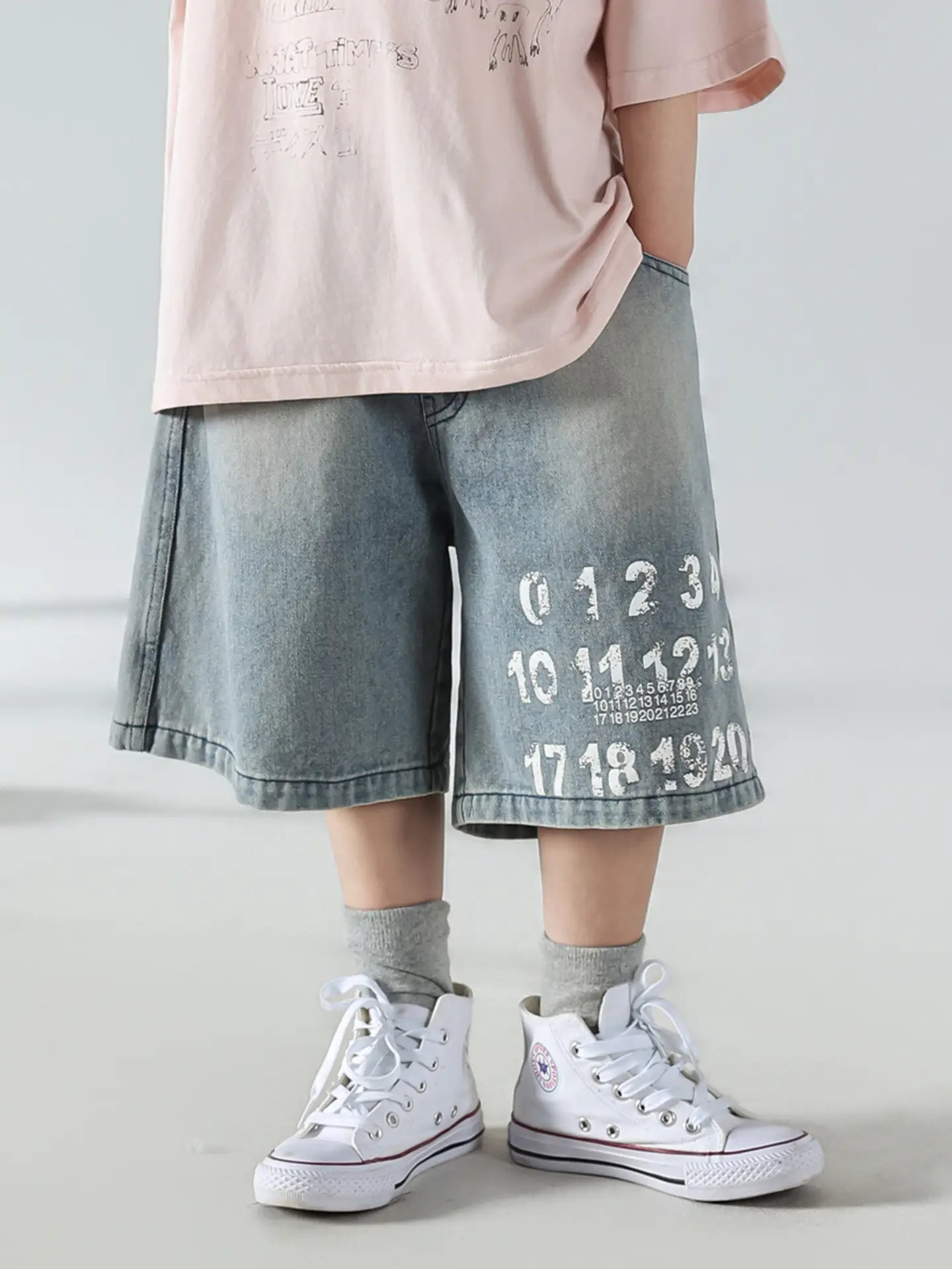 Boys Summer Printed T-Shirt Shorts Set White Denim — feature 14