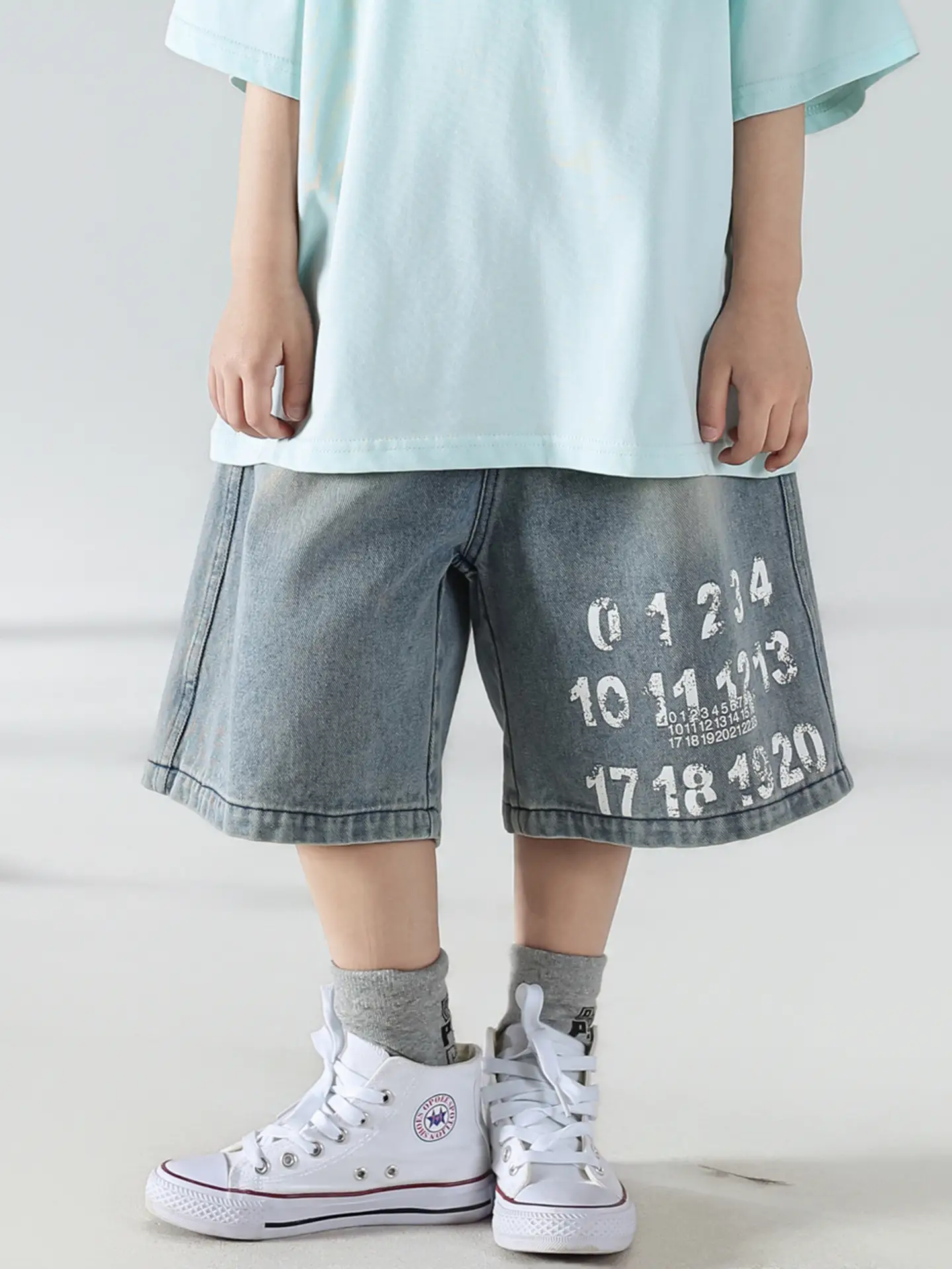 Boys Summer Printed T-Shirt Shorts Set White Denim — feature 15