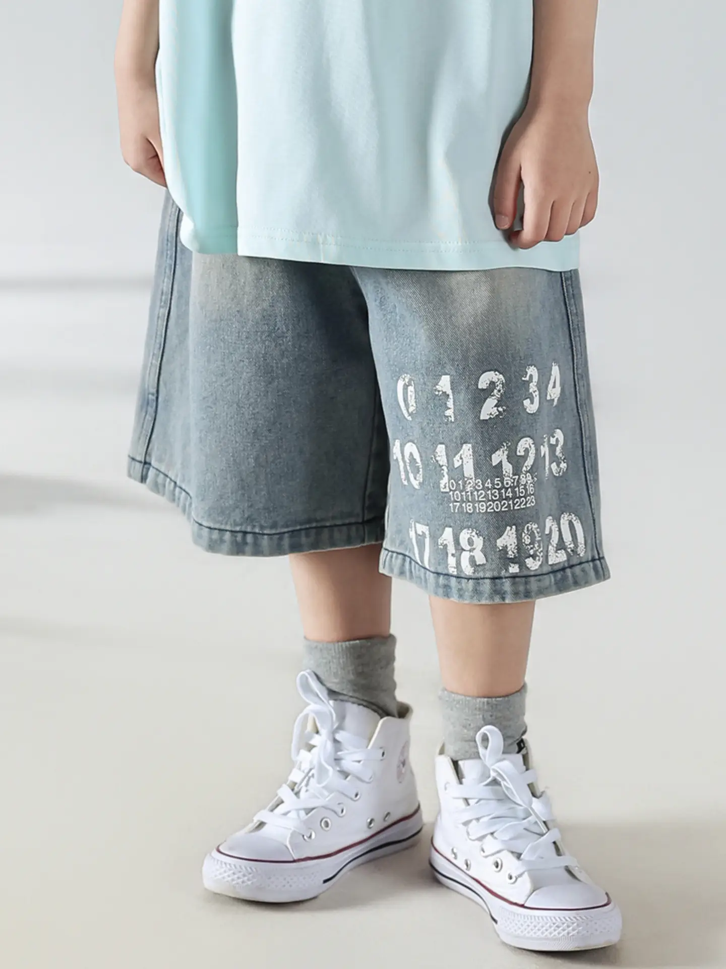 Boys Summer Printed T-Shirt Shorts Set White Denim — feature 16