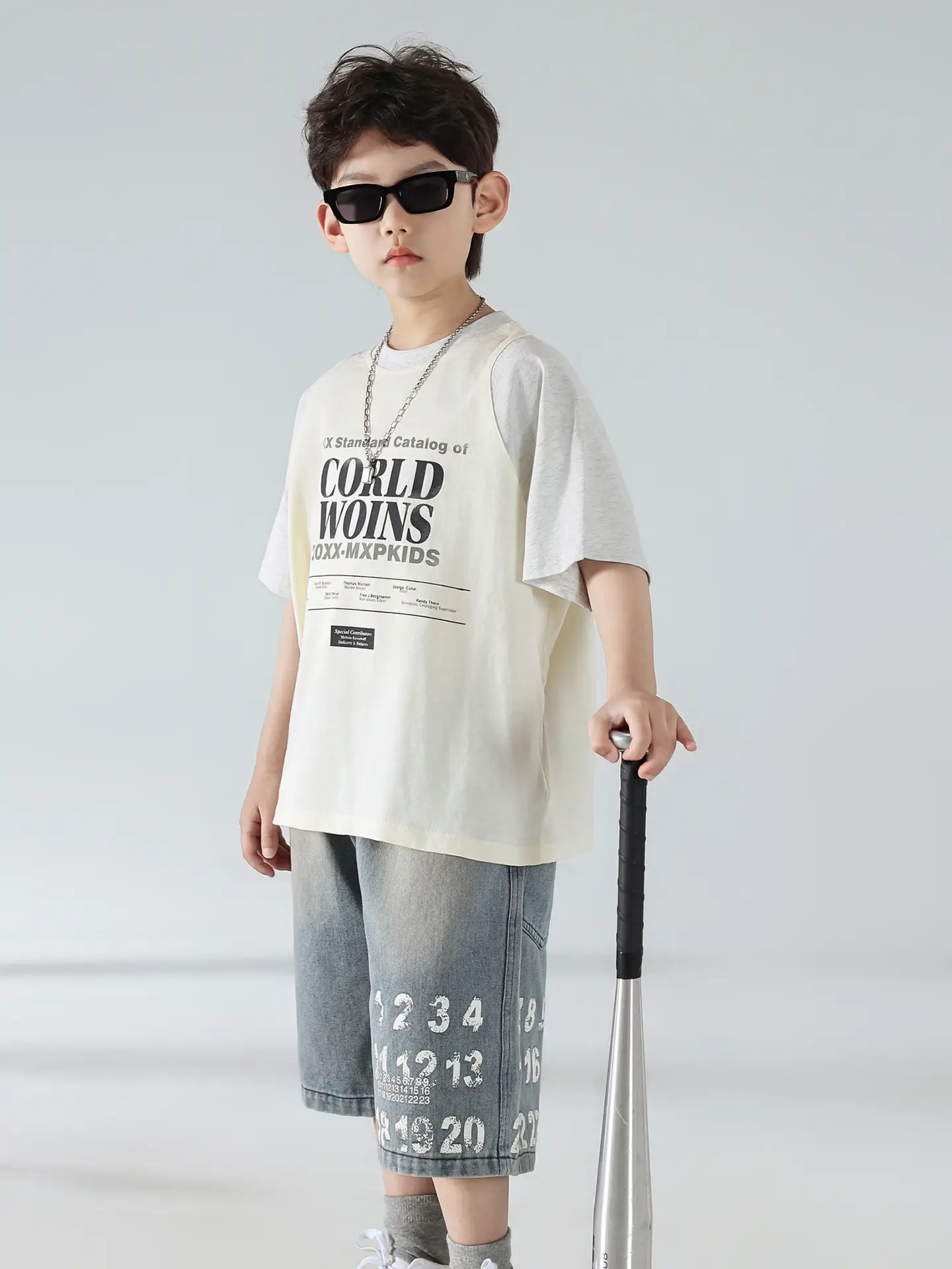Boys Summer Printed T-Shirt Shorts Set White Denim — feature 19