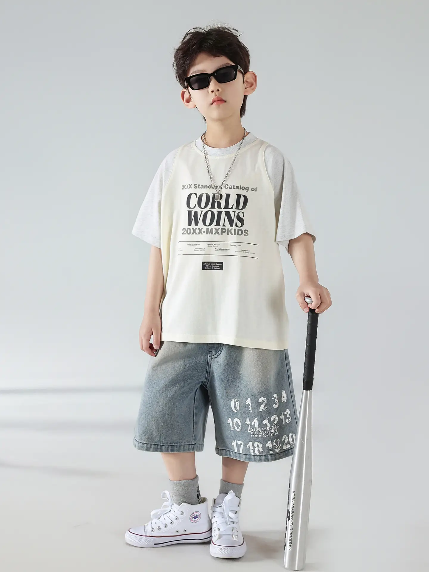 Boys Summer Printed T-Shirt Shorts Set White Denim — feature 20