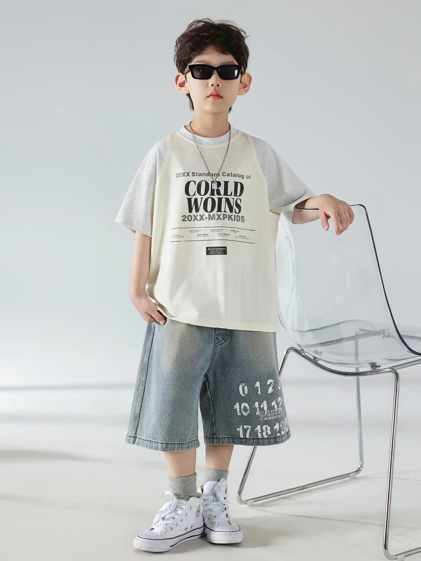 Boys Summer Printed T-Shirt Shorts Set White Denim — feature 21