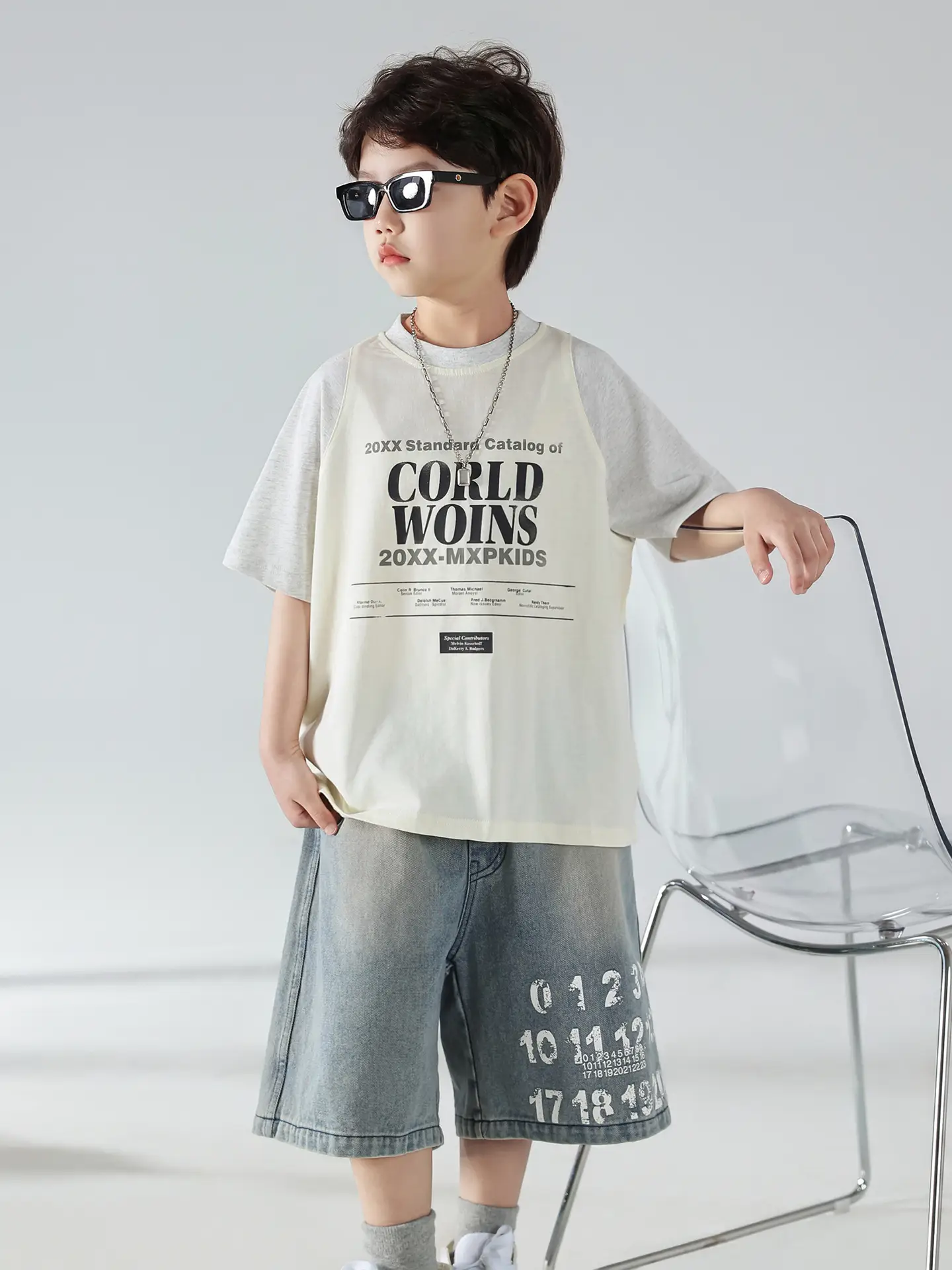 Boys Summer Printed T-Shirt Shorts Set White Denim — feature 22