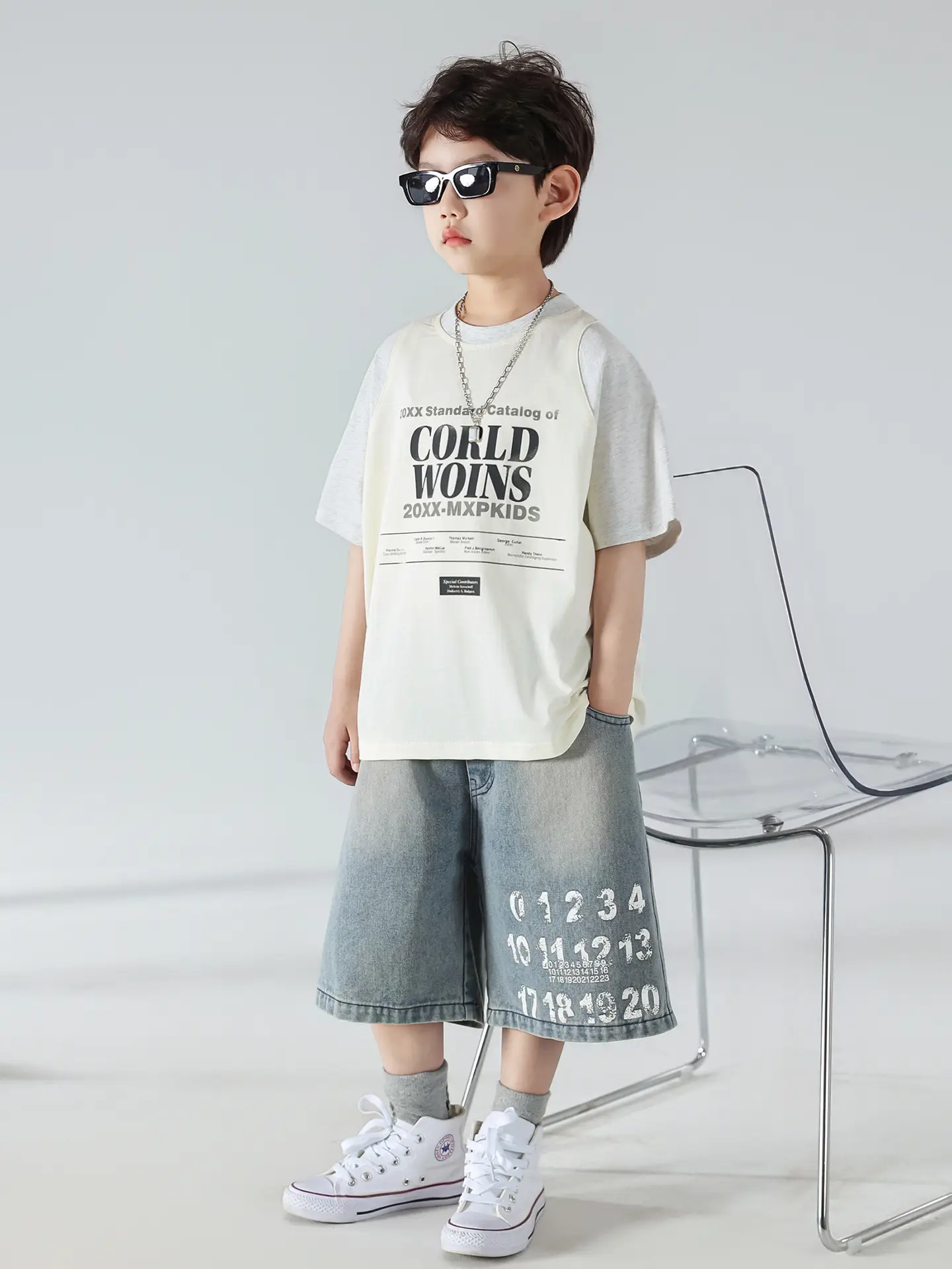 Boys Summer Printed T-Shirt Shorts Set White Denim — feature 23