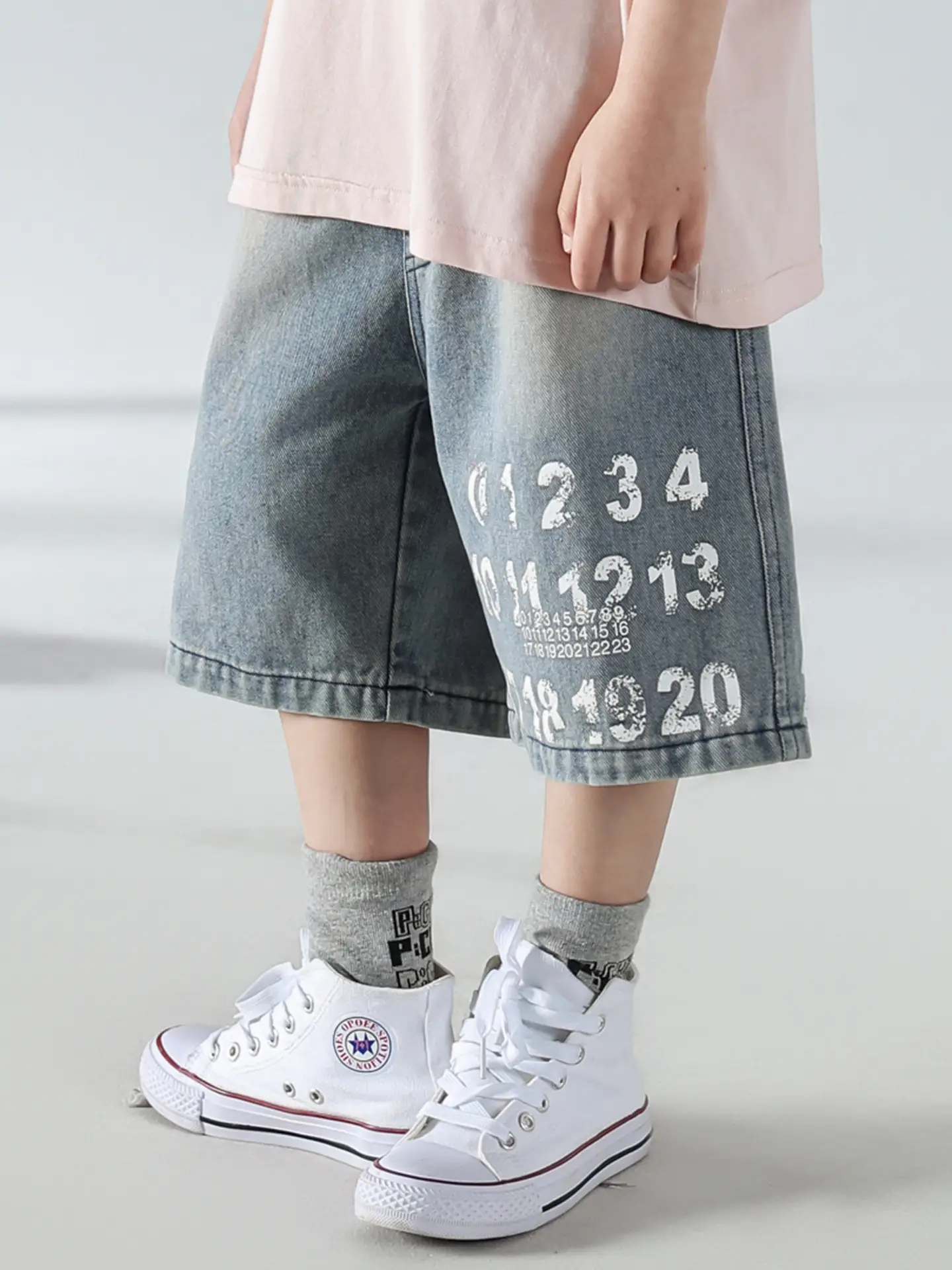 Boys Summer Printed T-Shirt Shorts Set White Denim — feature 24