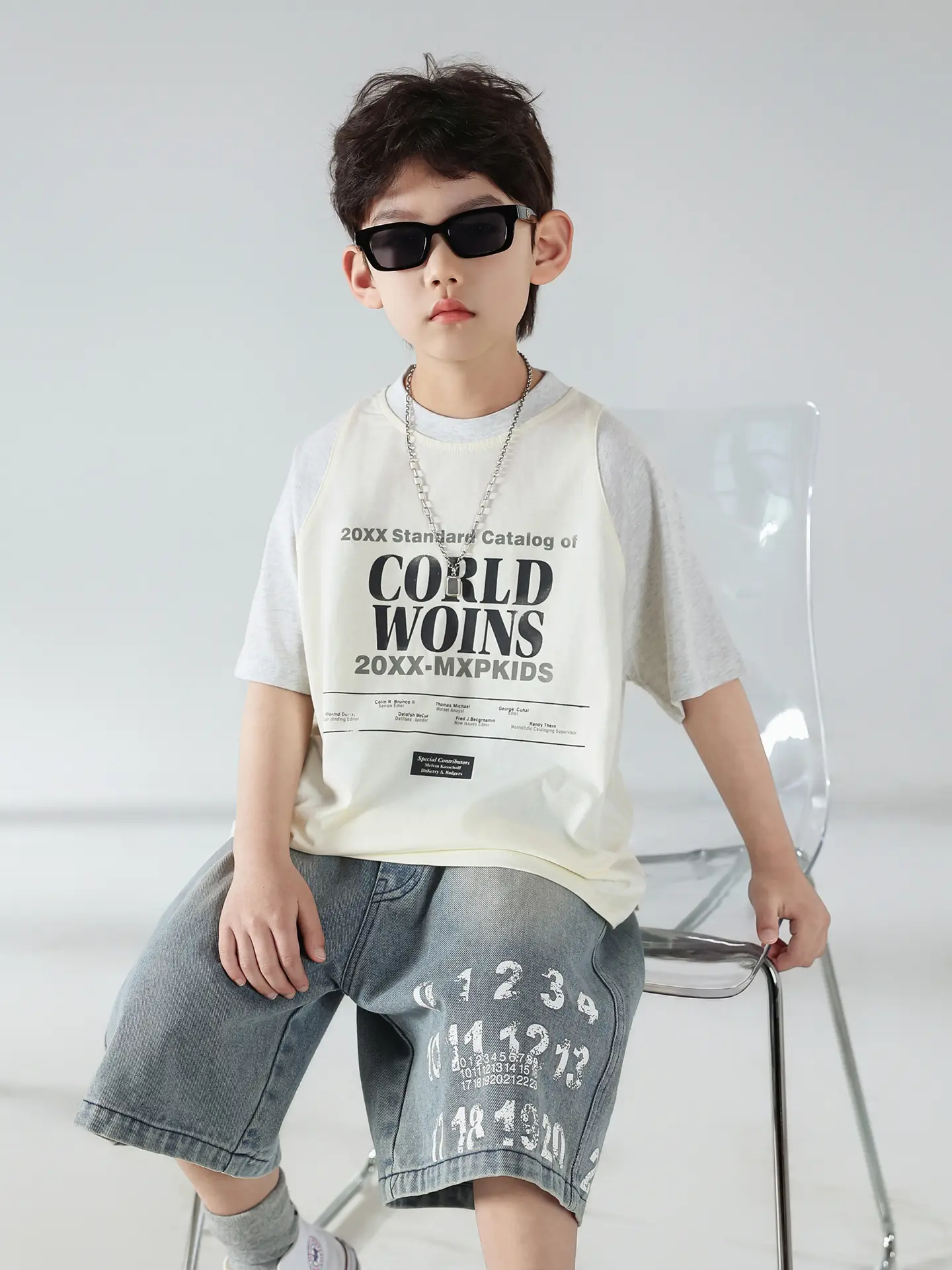 Boys Summer Printed T-Shirt Shorts Set White Denim — feature 25