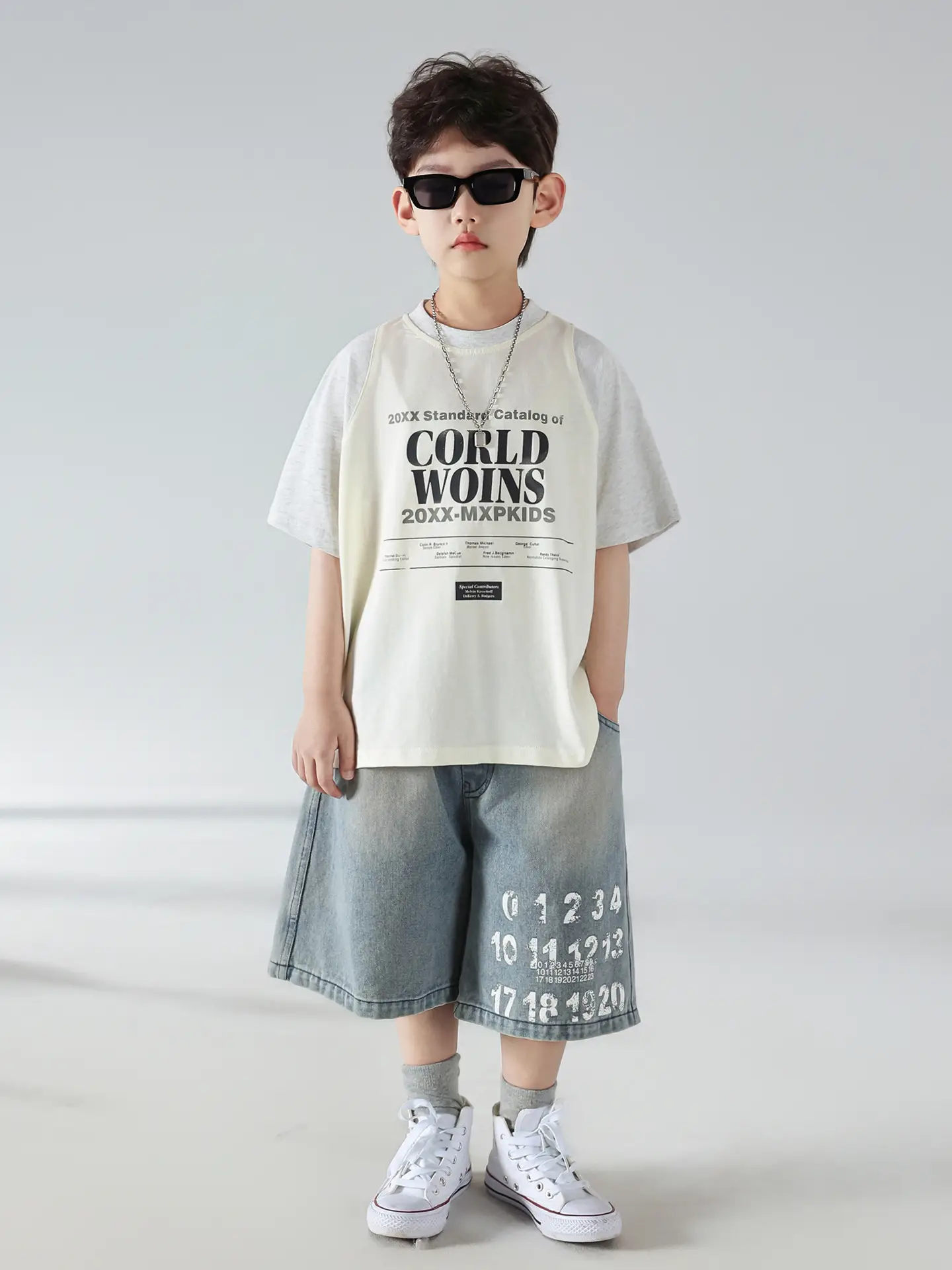 Boys Summer Printed T-Shirt Shorts Set White Denim — feature 4