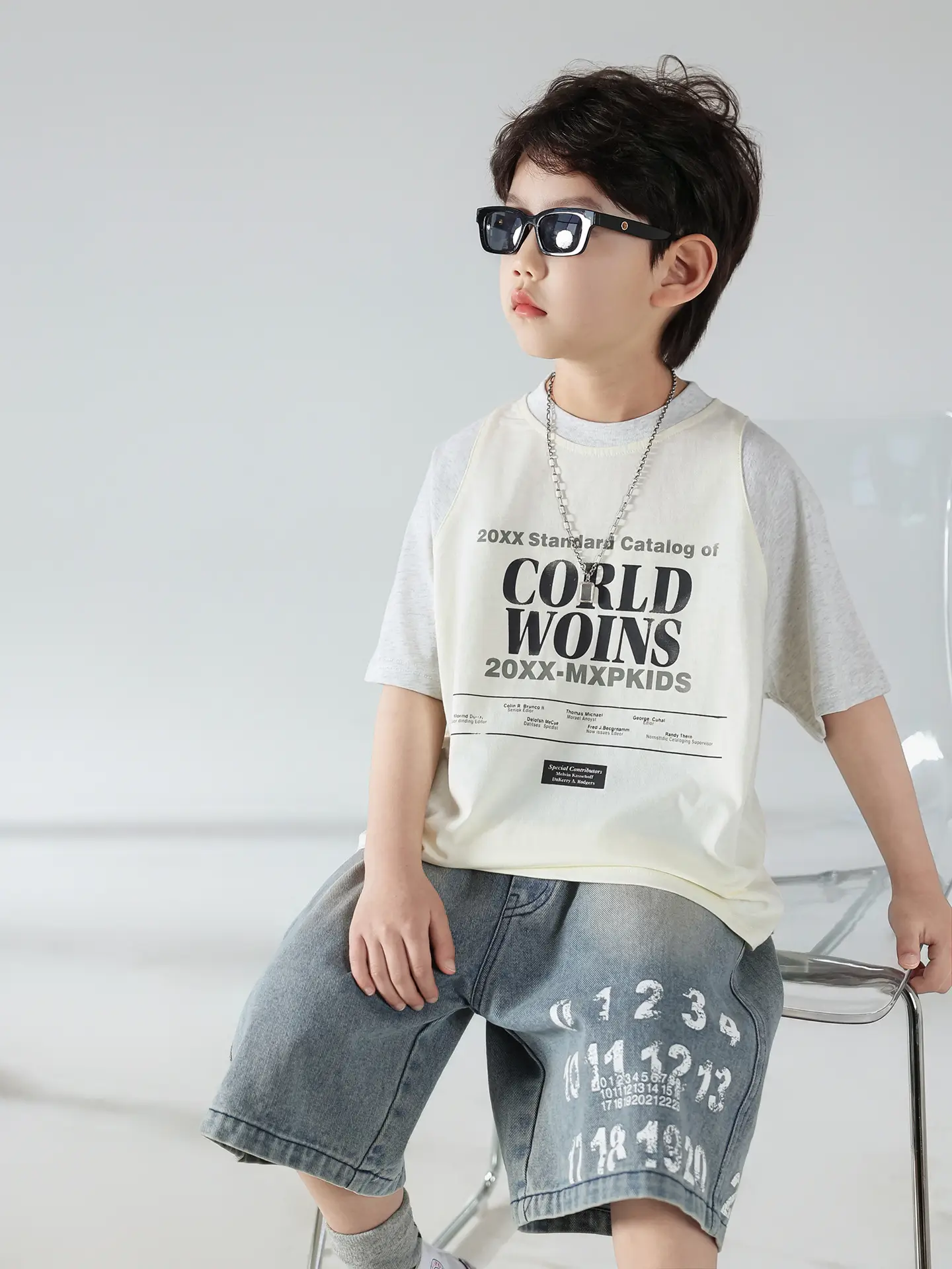 Boys Summer Printed T-Shirt Shorts Set White Denim — feature 5