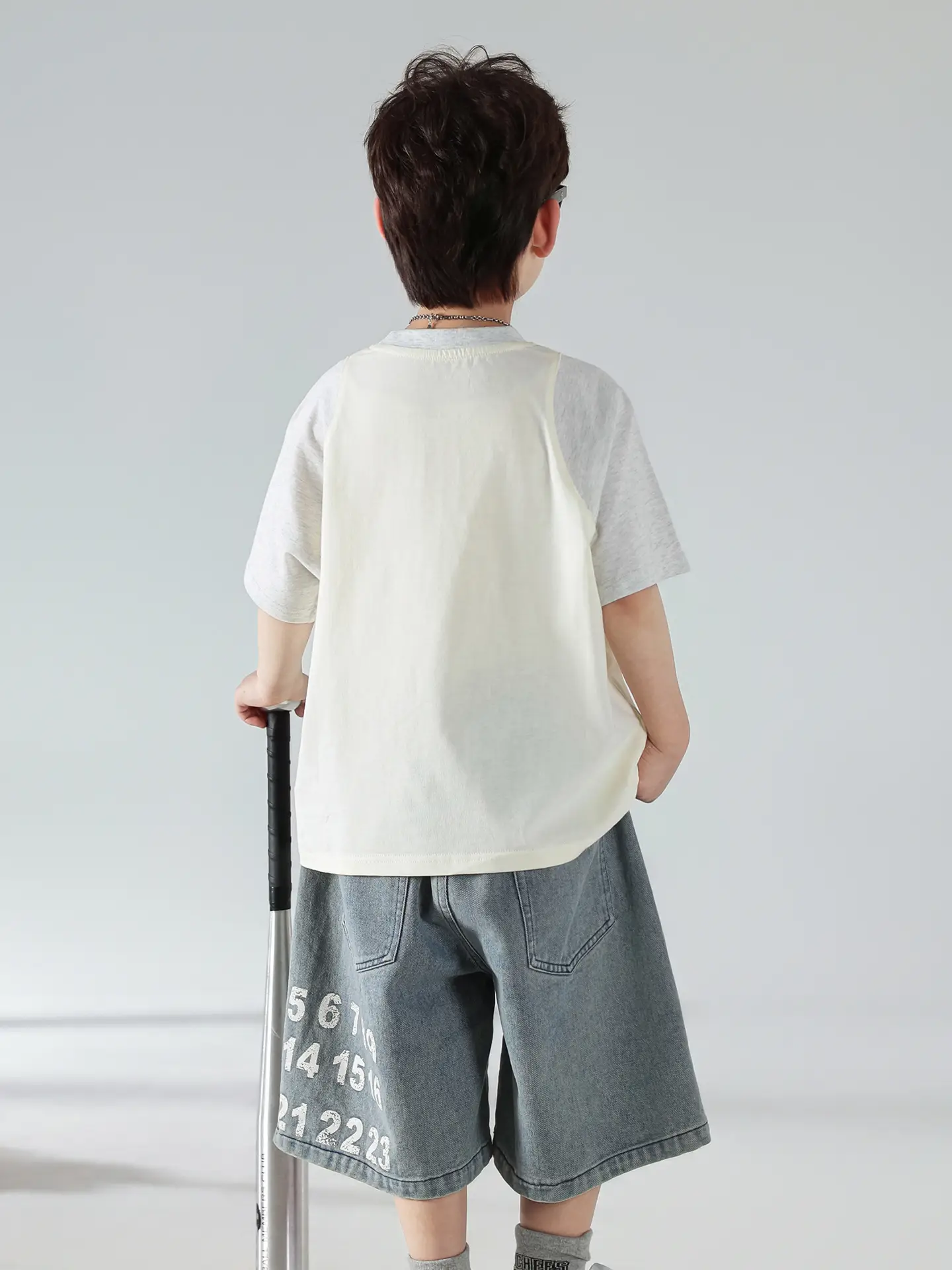 Boys Summer Printed T-Shirt Shorts Set White Denim — feature 6