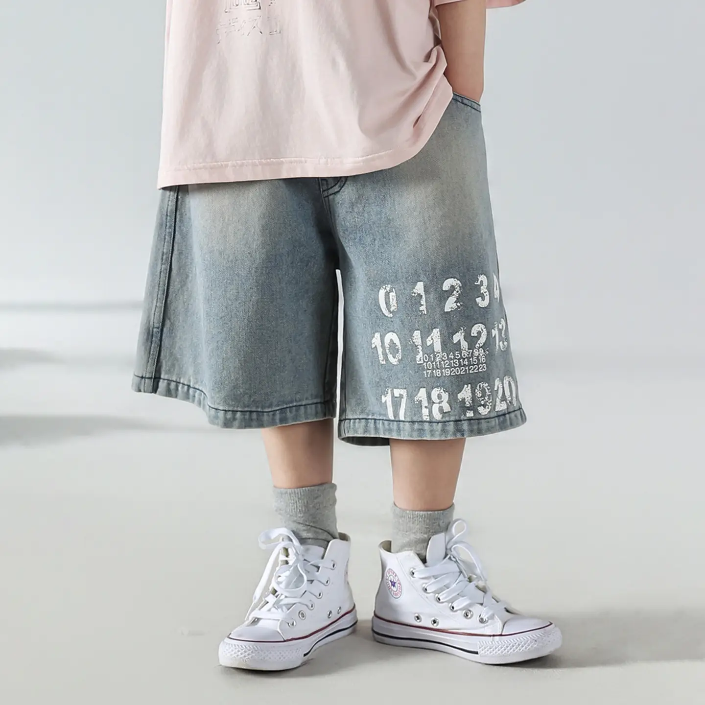 Boys Summer Printed T-Shirt Shorts Set White Denim - Image 2