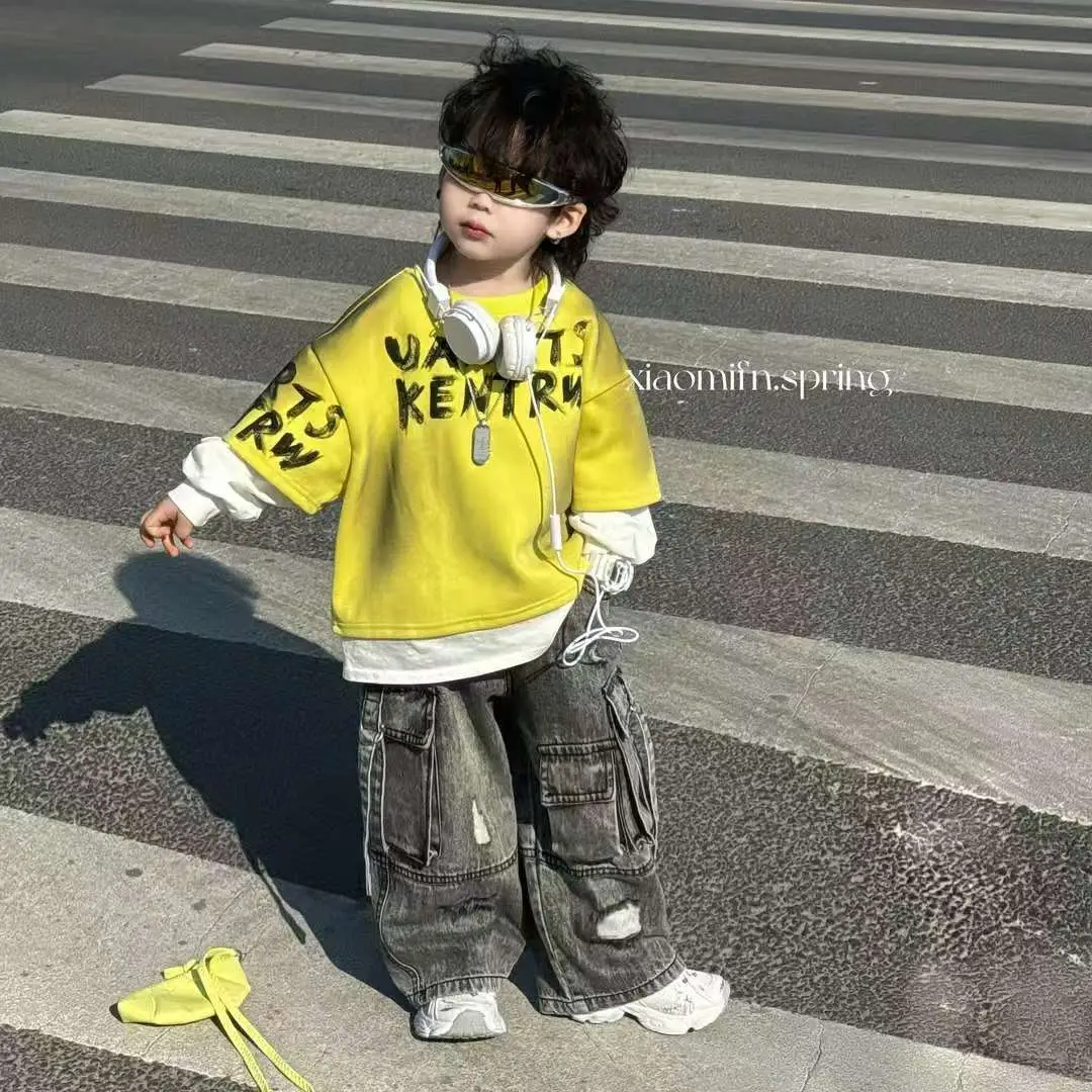 Boys 2025 Sweatshirt T-shirt Jeans Set Yellow Streetwear - Image 4