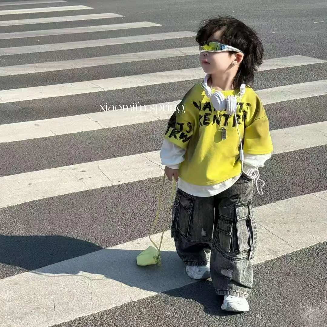 Boys 2025 Sweatshirt T-shirt Jeans Set Yellow Streetwear - Image 5