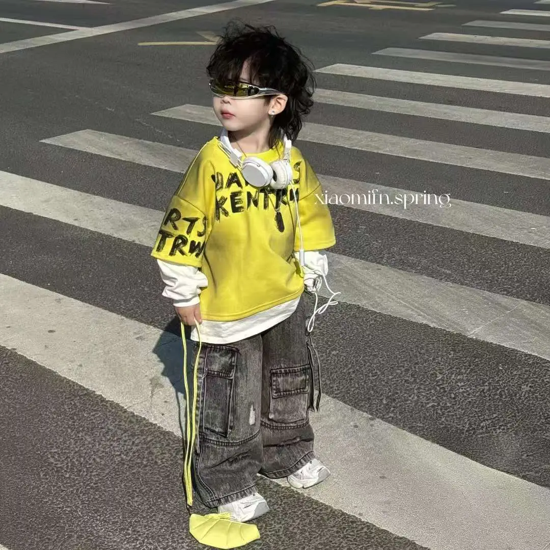Boys 2025 Sweatshirt T-shirt Jeans Set Yellow Streetwear - Image 6