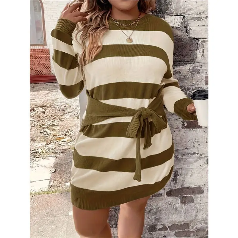 Cross-Border Knitted Striped Sweater Dress Large - Image 5
