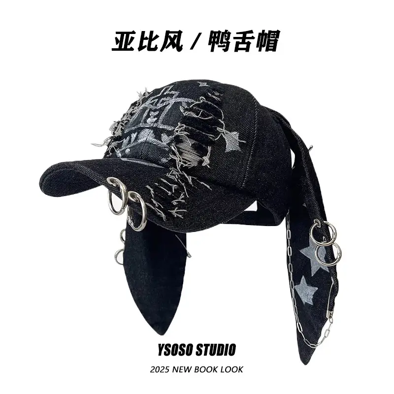 Black Punk Denim Cap with Star Ears & R'M-Hole Detail - Image 6