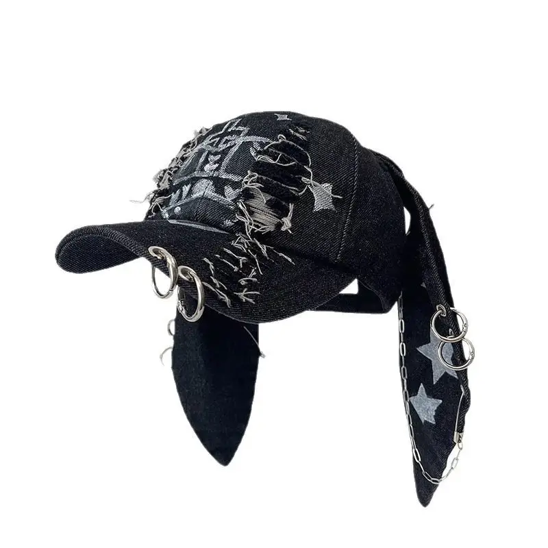Black Punk Denim Cap with Star Ears & R'M-Hole Detail - Image 8