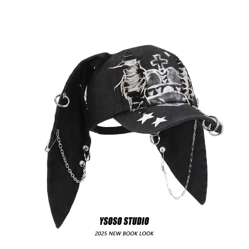 Black Punk Denim Cap with Star Ears & R'M-Hole Detail — feature 4