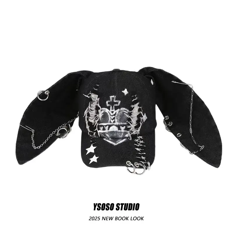 Black Punk Denim Cap with Star Ears & R'M-Hole Detail — feature 5