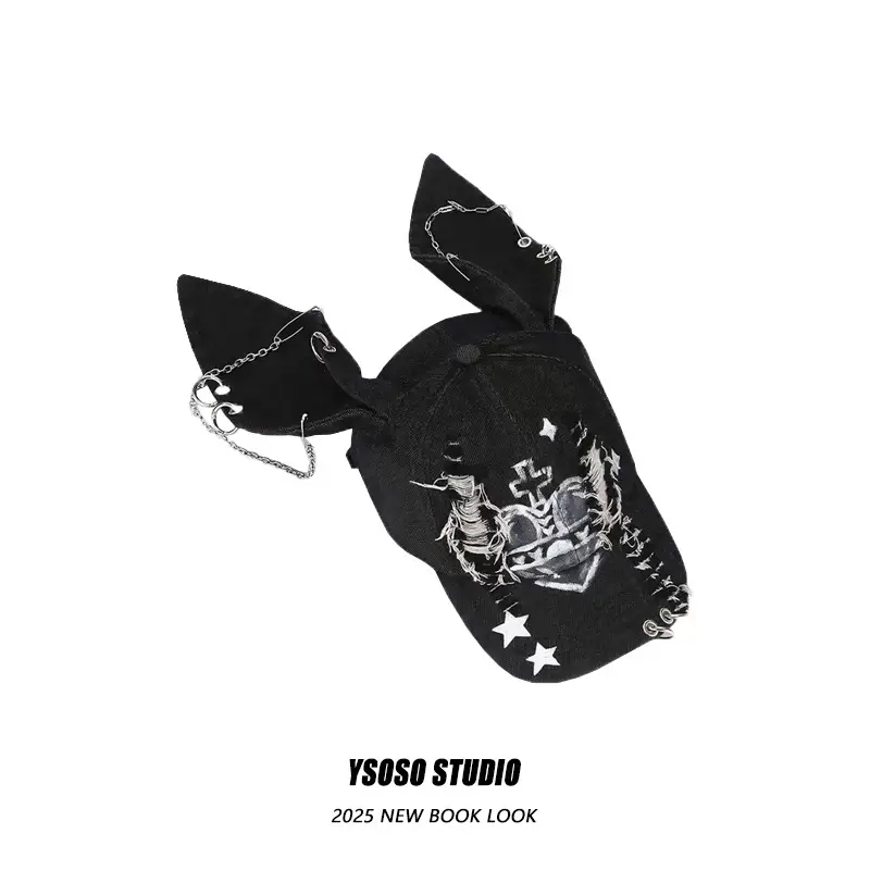 Black Punk Denim Cap with Star Ears & R'M-Hole Detail — feature 6
