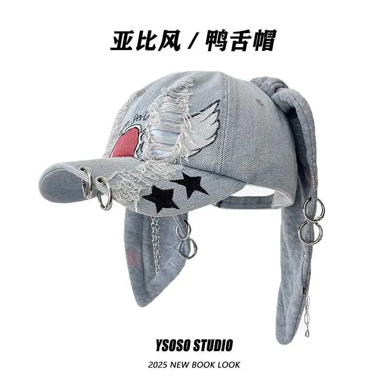 Black Punk Denim Cap with Star Ears & R'M-Hole Detail - Image 2