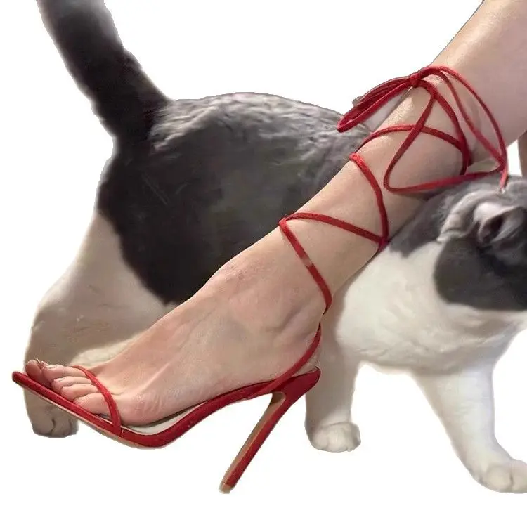 Summer New Style Stiletto Red Strappy Cross Sandals for Women with Open Toes and Hollow Back Straps on the Bed Sexy High Heels