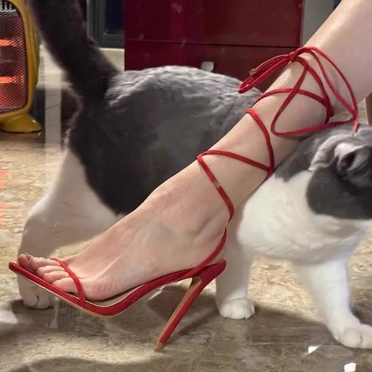 Summer New Style Stiletto Red Strappy Cross Sandals for Women with Open Toes and Hollow Back Straps on the Bed Sexy High Heels — feature 6