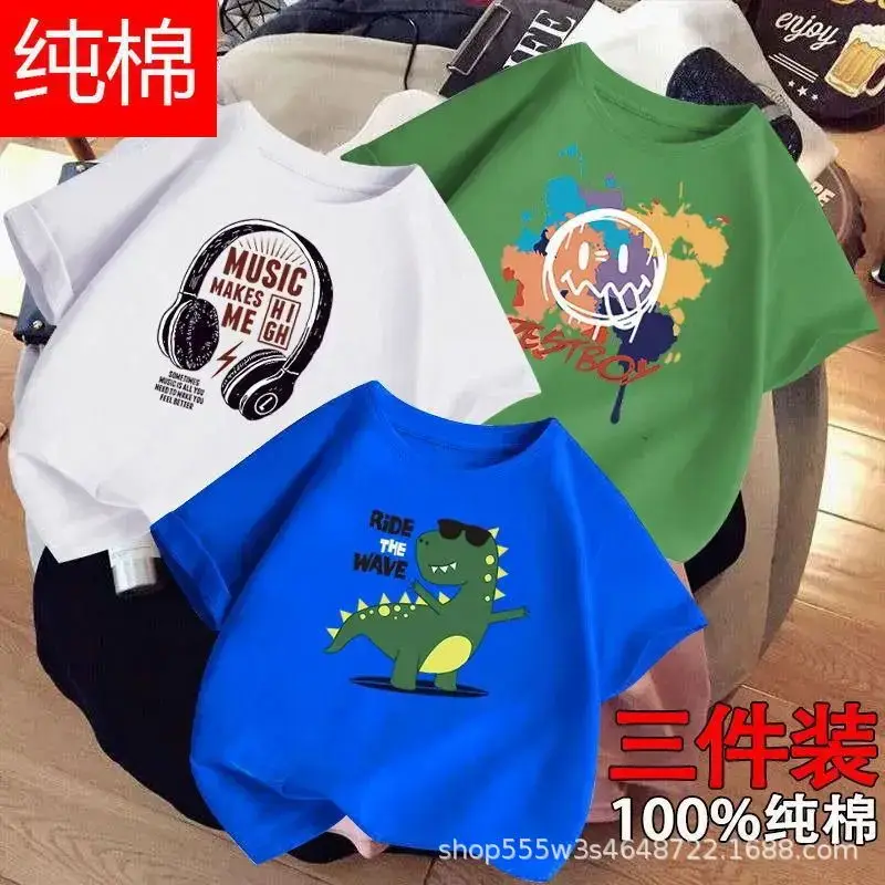 Boys Cotton T-Shirts 3-Pack Kids Summer Round Neck - Image 2