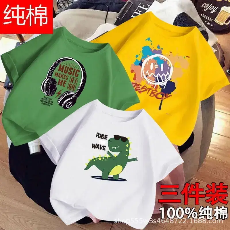 Boys Cotton T-Shirts 3-Pack Kids Summer Round Neck - Image 3