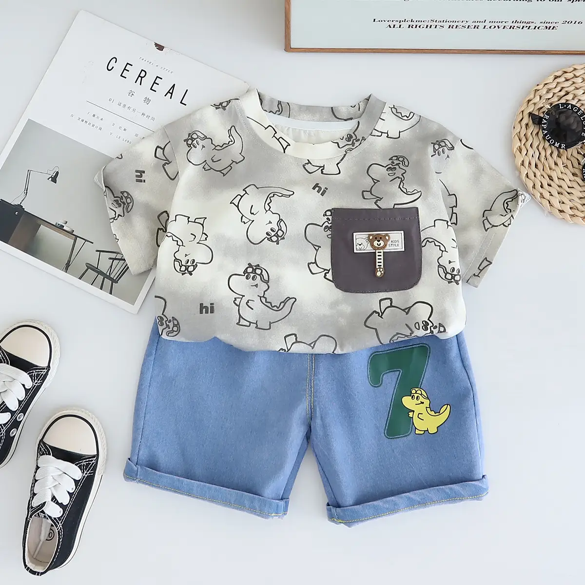 Boys Dinosaur Print Summer Suit Blue Denim Shorts - Image 2