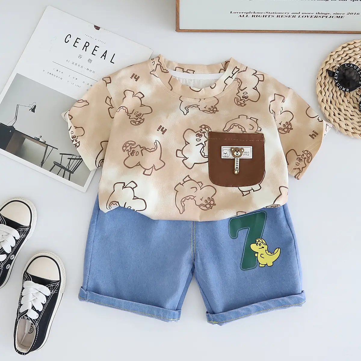 Boys Dinosaur Print Summer Suit Blue Denim Shorts - Image 3