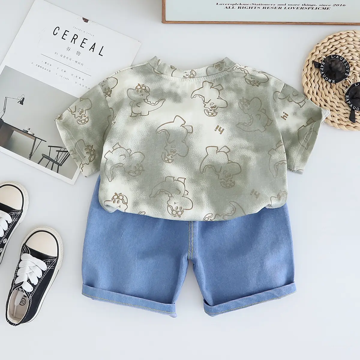 Boys Dinosaur Print Summer Suit Blue Denim Shorts - Image 5